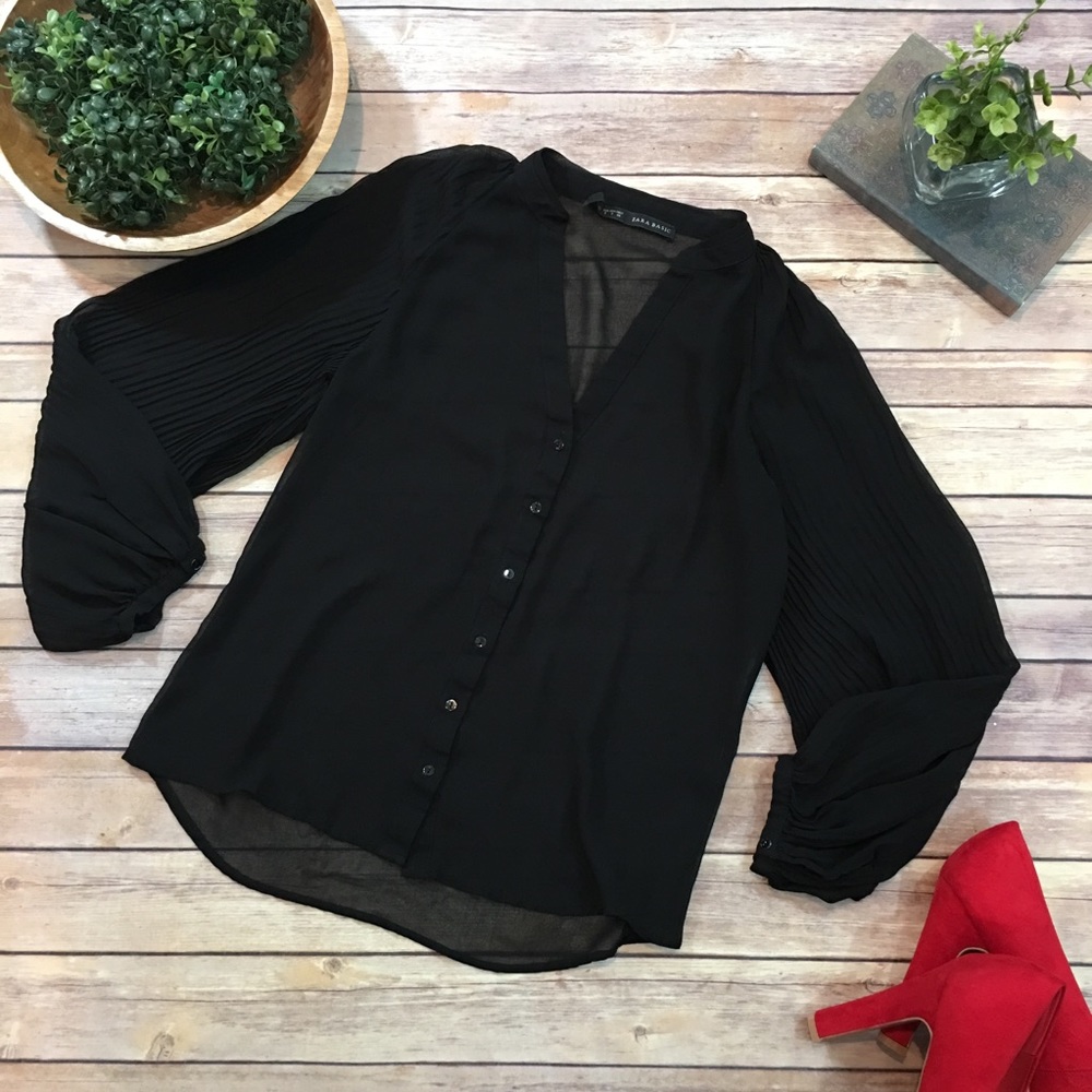 SOLD Sz Small Zara Sheer V-Neck Long Sleeve Blouse - Picture 1 of 8